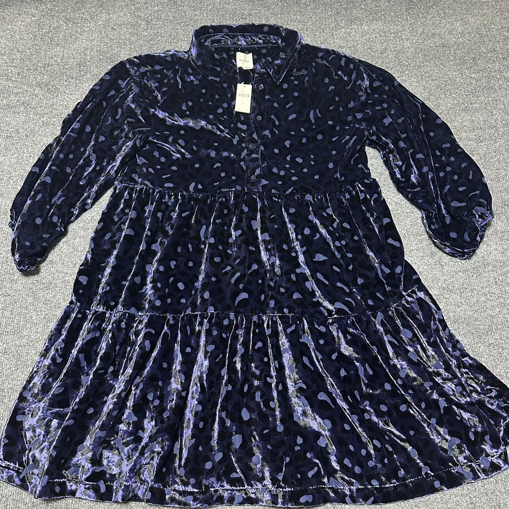 NWT‎ Maeve Anthropologie Navy Blue Burnout Velvet Leopard Tiered Mini Dress MED